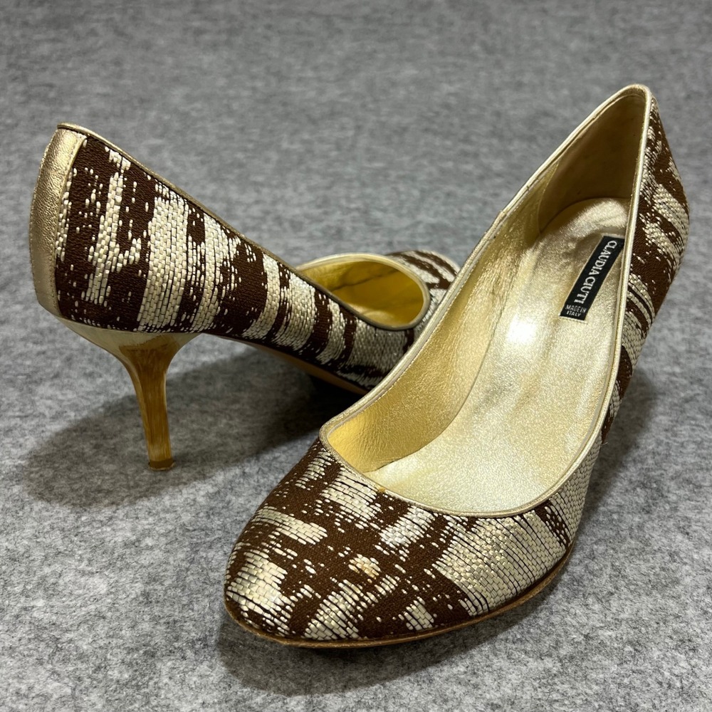 Claudia Ciuti Brown Gold Metallic Woven Stiletto Heel Pumps Italy Made Size 10‎